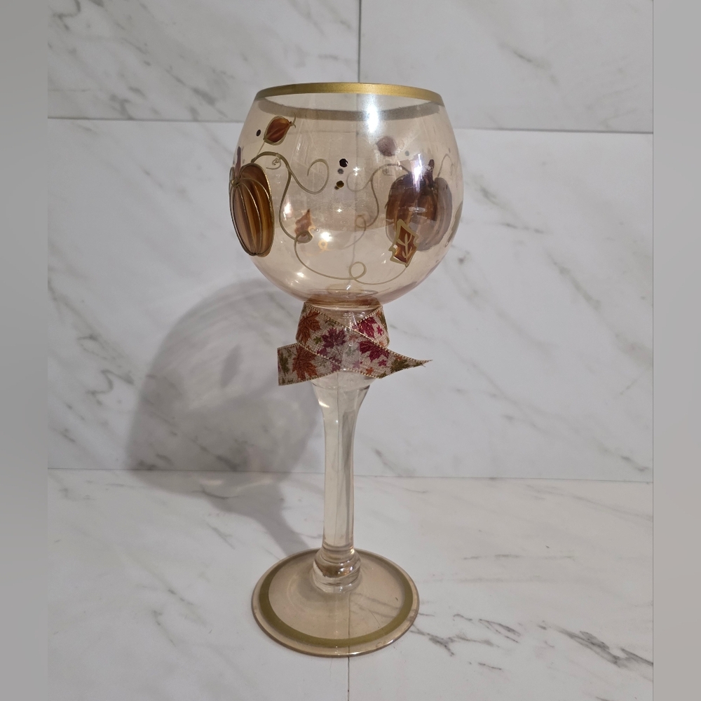 Glass Pedestal Votive Candle Holder - Fall Leaves Pumpkins 12" Tall Goblet